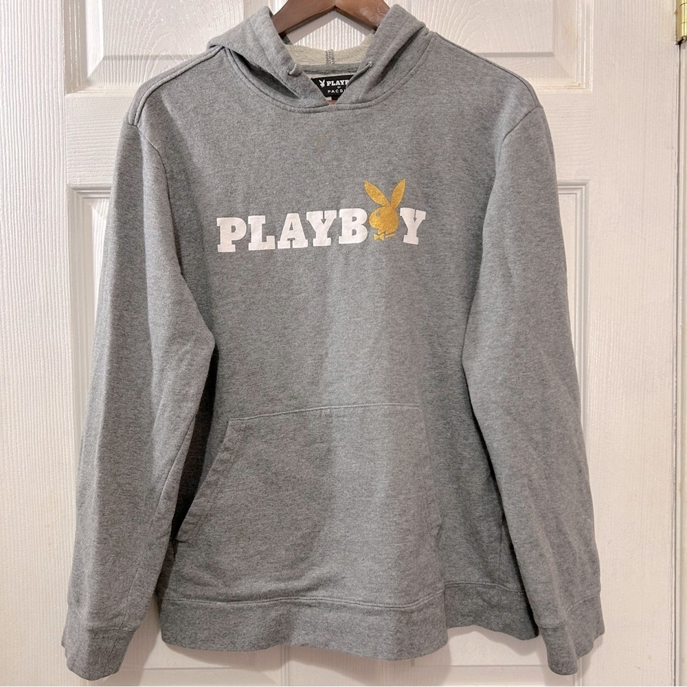 Playboy By Pacsun Hoodie Sweatshirt Gray White Metallic Gold Size Medium